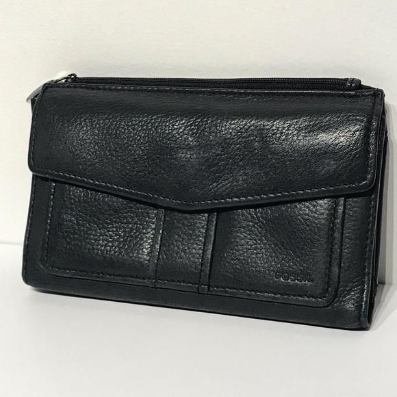 Vintage Fossil Women's Leather Wallet Black Tri Fold Flap Close Zipper Pocket - Picture 2 of 16